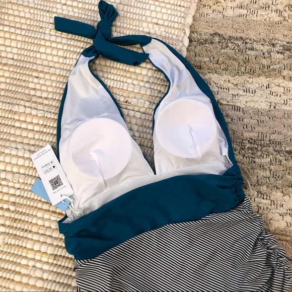 Cupshe Turquoise Stripe V Neck One Piece Swimsuit - Picture 5 of 7